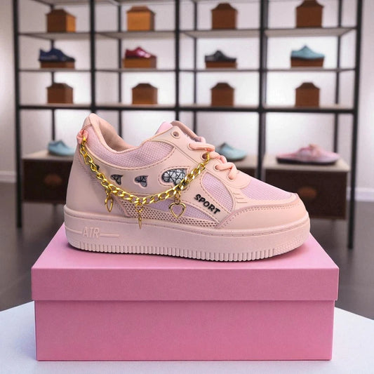 227 – Pink Sneakers with Heart Charms & Gold Chain – কিউট, স্টাইলিশ মেয়েদের জন্য একদম পারফেক্ট
