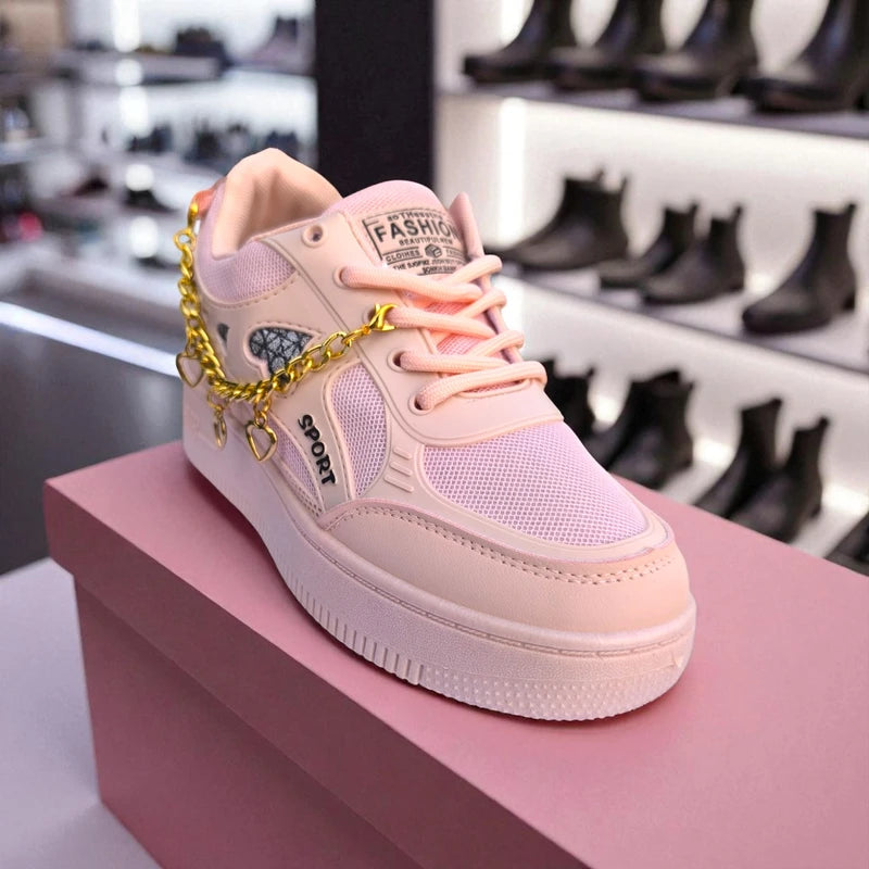 227 – Pink Sneakers with Heart Charms & Gold Chain – কিউট, স্টাইলিশ মেয়েদের জন্য একদম পারফেক্ট