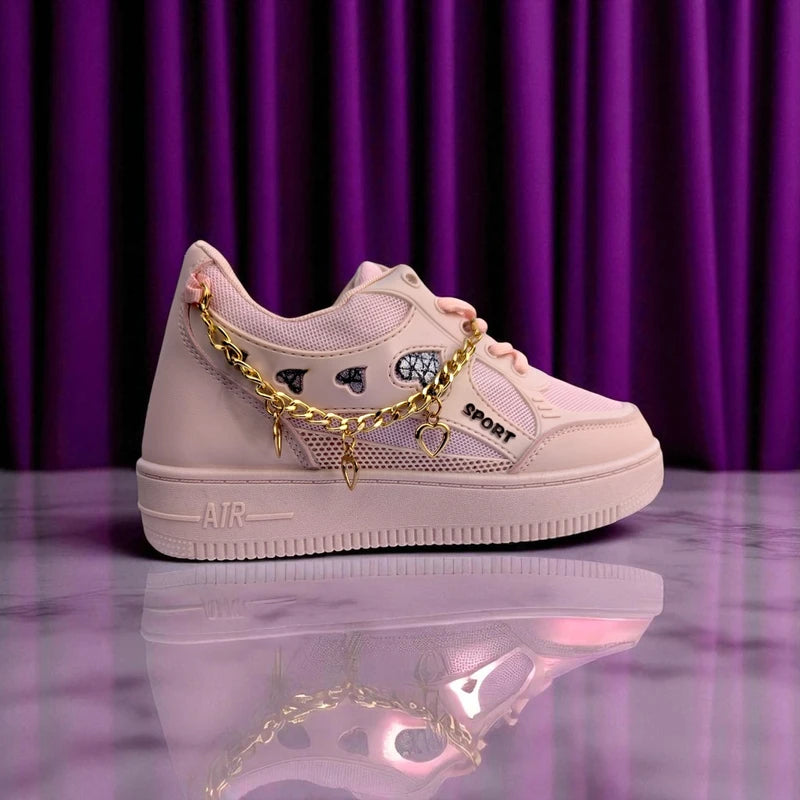 227 – Pink Sneakers with Heart Charms & Gold Chain – কিউট, স্টাইলিশ মেয়েদের জন্য একদম পারফেক্ট