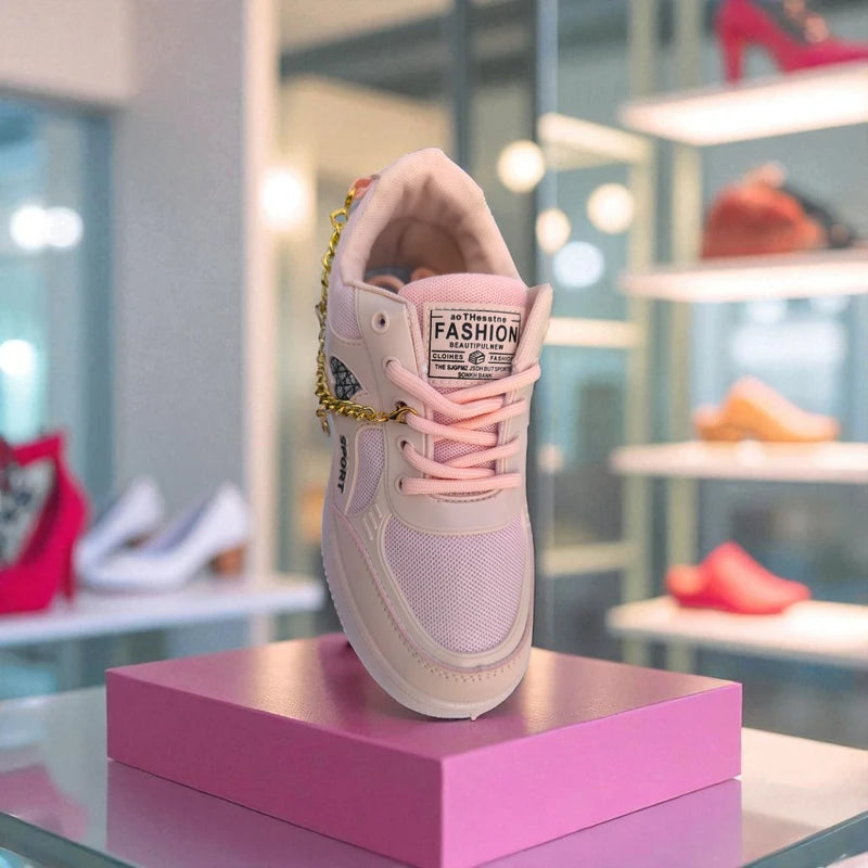 227 – Pink Sneakers with Heart Charms & Gold Chain – কিউট, স্টাইলিশ মেয়েদের জন্য একদম পারফেক্ট