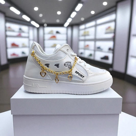 227 – White Sneakers with Heart Charms & Gold Chain – হার্ট ডিজাইন, দারুন কিউট,