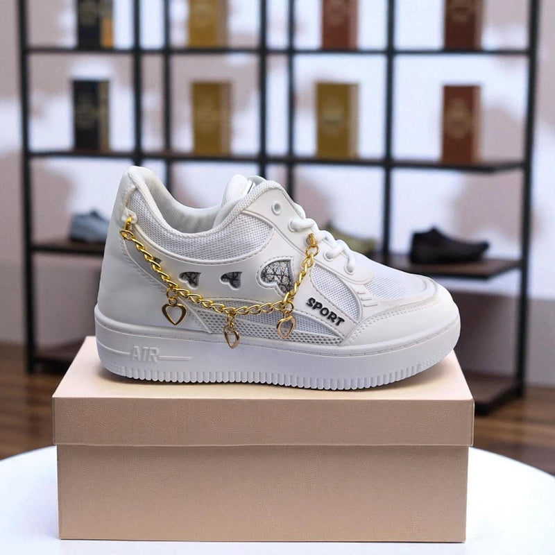 227 – White Sneakers with Heart Charms & Gold Chain – হার্ট ডিজাইন, দারুন কিউট,