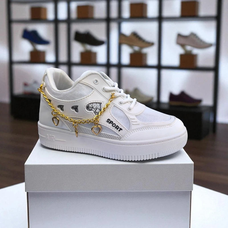 227 – White Sneakers with Heart Charms & Gold Chain – হার্ট ডিজাইন, দারুন কিউট,