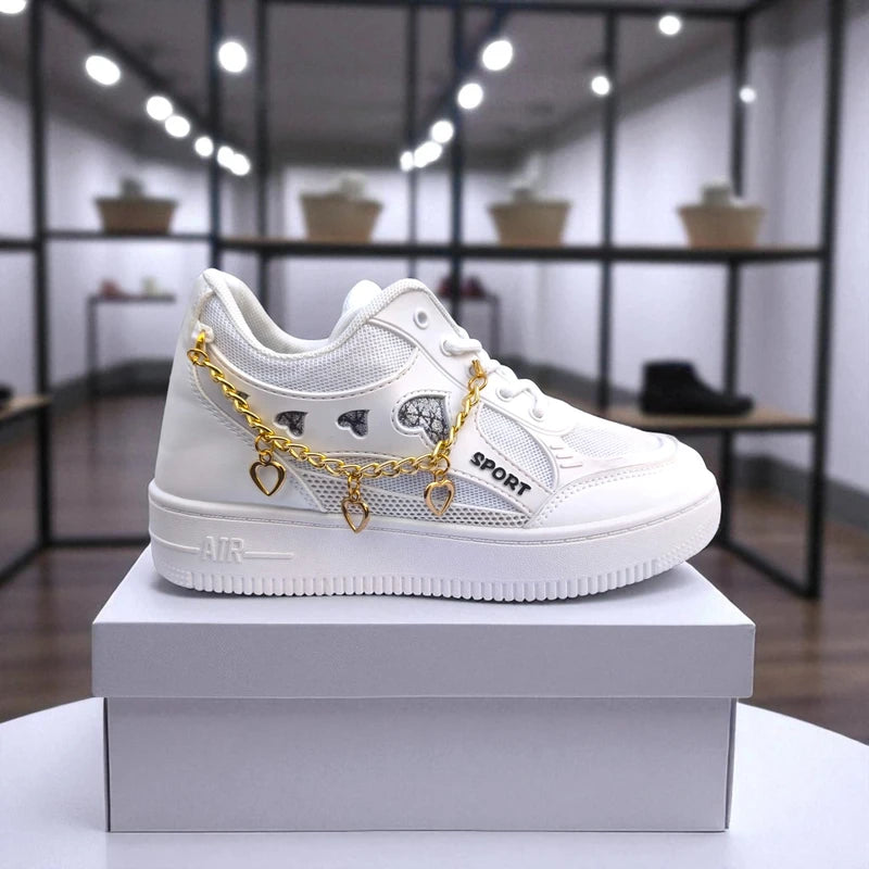 227 – White Sneakers with Heart Charms & Gold Chain – হার্ট ডিজাইন, দারুন কিউট,