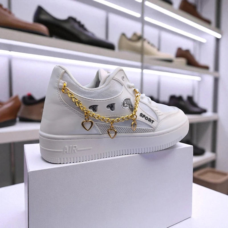 227 – White Sneakers with Heart Charms & Gold Chain – হার্ট ডিজাইন, দারুন কিউট,