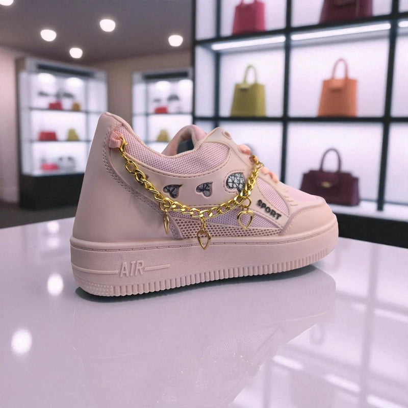 227 – Pink Sneakers with Heart Charms & Gold Chain – কিউট, স্টাইলিশ মেয়েদের জন্য একদম পারফেক্ট