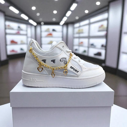 227 – White Sneakers with Heart Charms & Gold Chain – হার্ট ডিজাইন, দারুন কিউট,